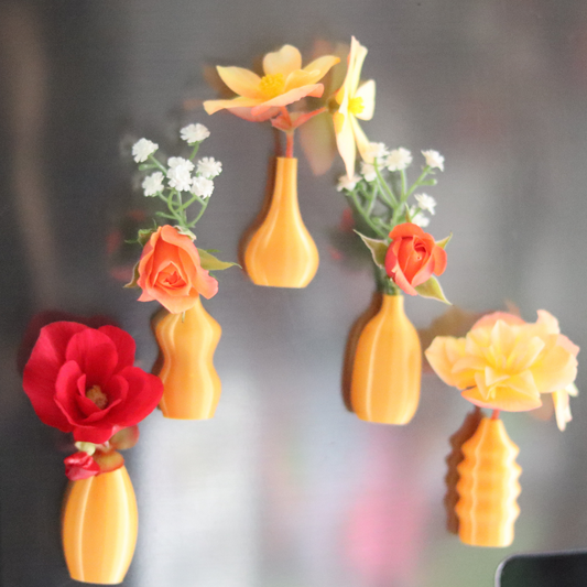 Set of 5 orange mini magnetic vases with flowers on a fridge – Halloween décor