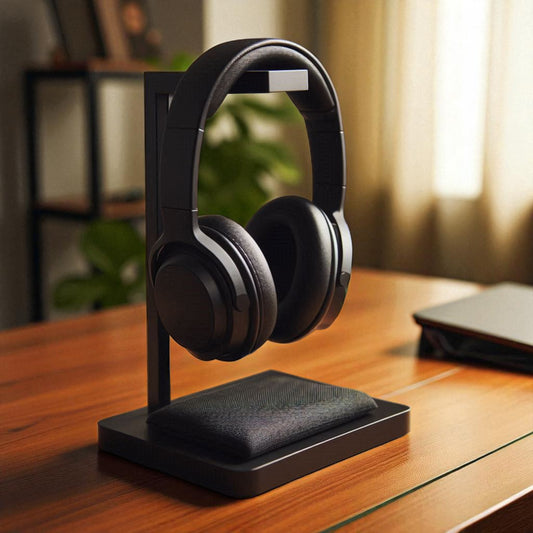 Black headphones on a stand on a wooden surface with a blurred background