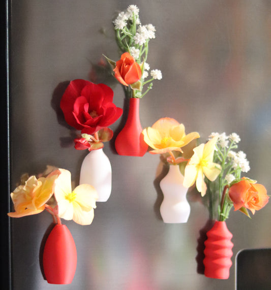 Set of 5 red and white magnetic mini Christmas vases displayed on a fridge – modern holiday home décor