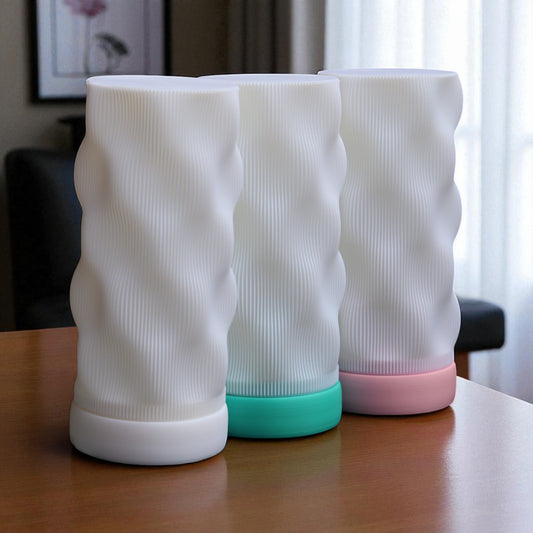 Bedside lamp with USB cable, white shade and coloured base, perfect for living room, bedroom, or nursery.