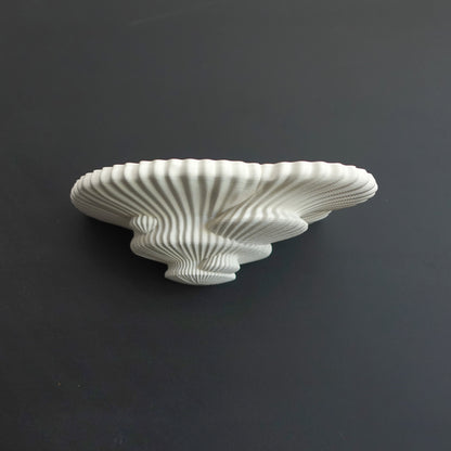 3D printed mushroom-inspired wall shelf with organic sculptural design, made from white PLA and includes mounting hardware and tape.