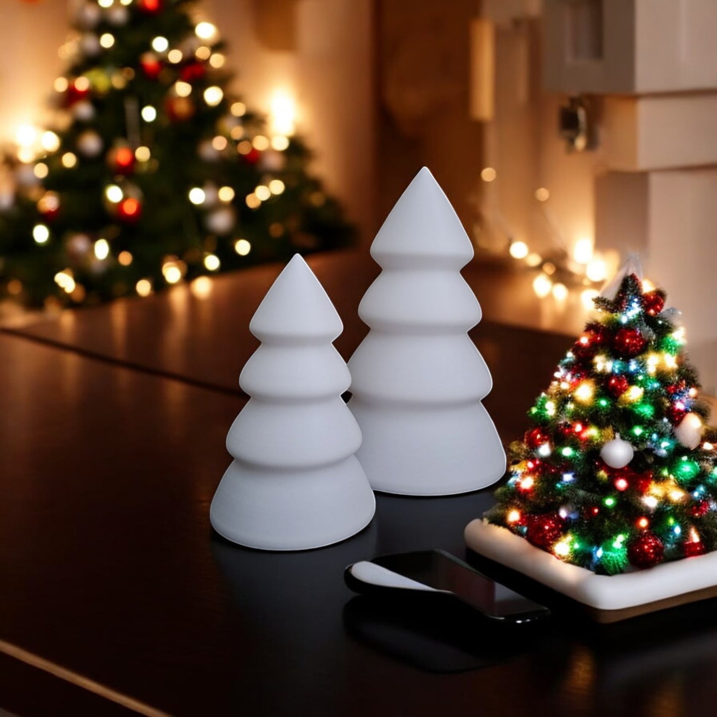 mini and large christmas trees in festive holiday design, perfect for tabletops, mantels, or desks. available individually or as a set, these decorative trees add charm to any holiday décor.