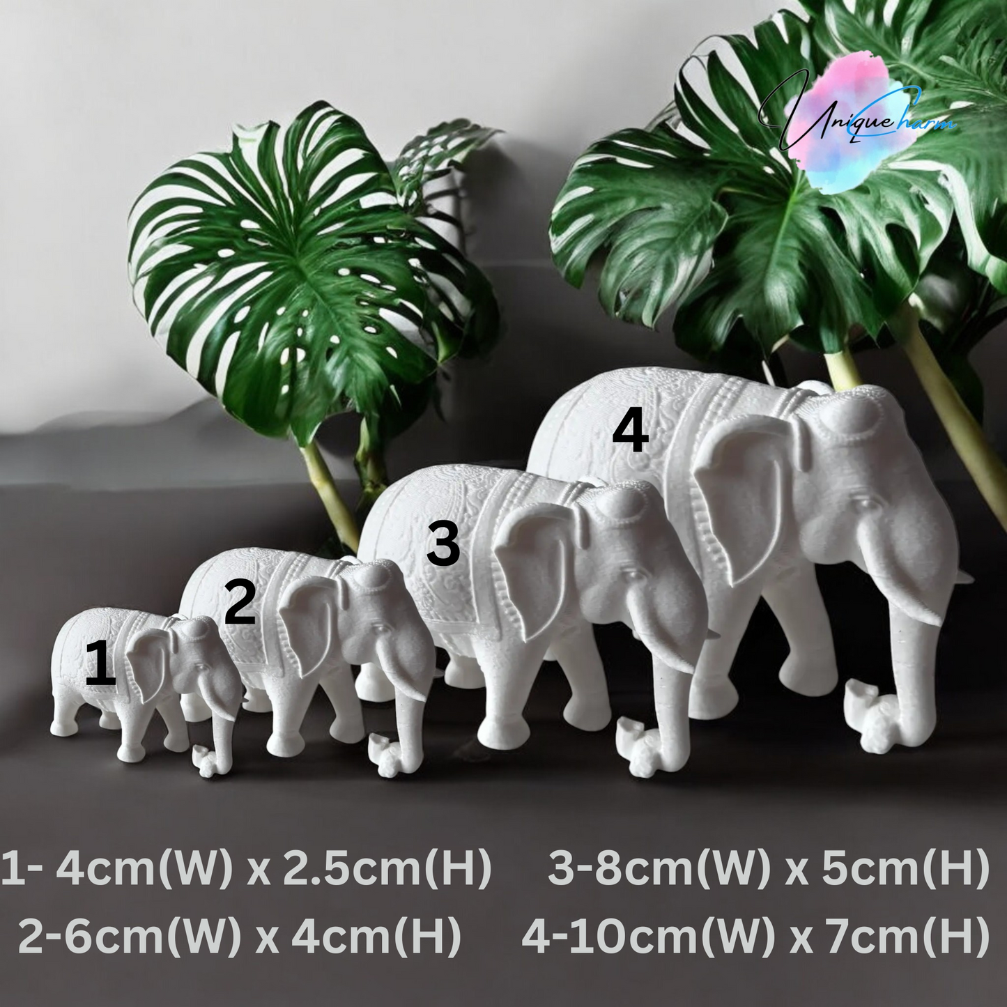 set of 4 indian elephant figurines in varying sizes, 3d-printed with intricate details. modern and elegant home decor piece, perfect for shelves, desks, and gifting. symbolizing wisdom, luck, and prosperity, these minimalist elephant sculptures add a spiritual and stylish touch to any space.