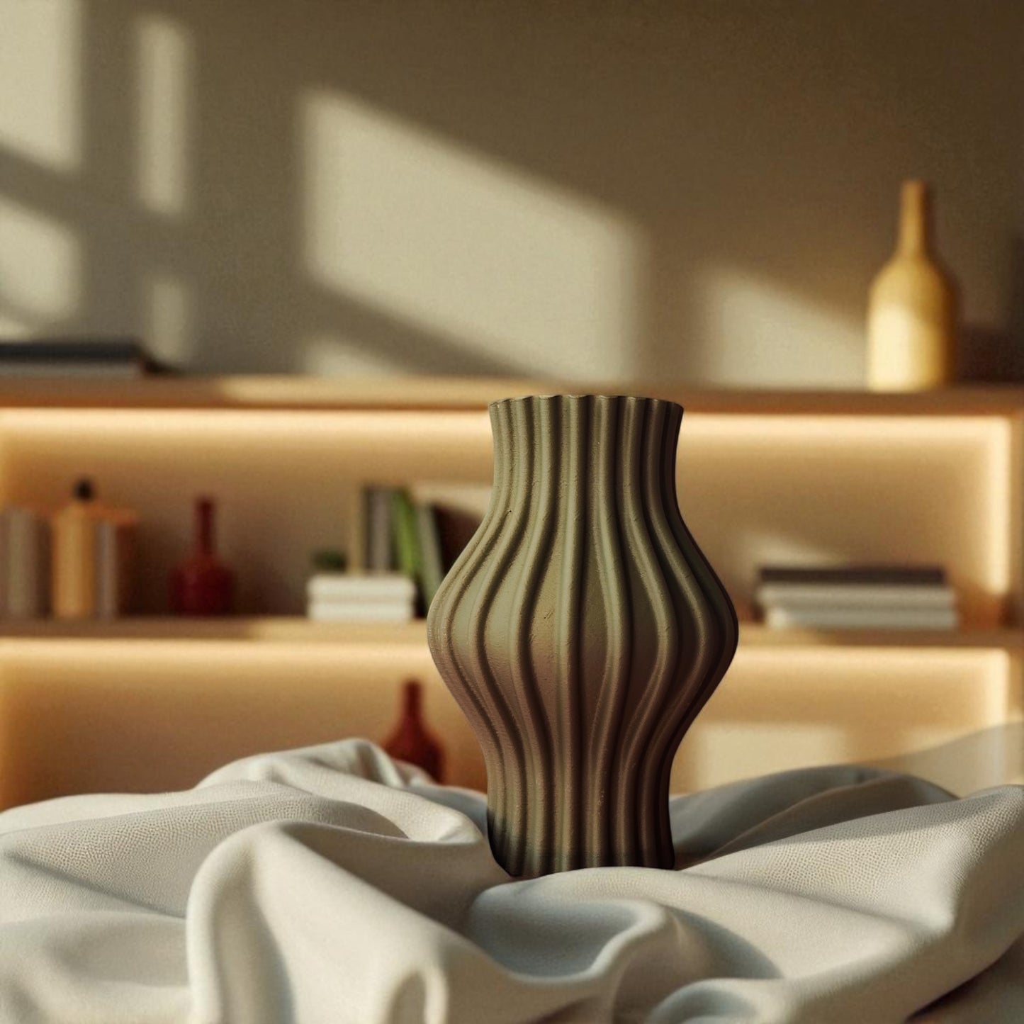 modern 3d printed sculptural vase with wavy vertical grooves, shown in matte beige color on a white background – minimalist nordic home decor centerpiece.