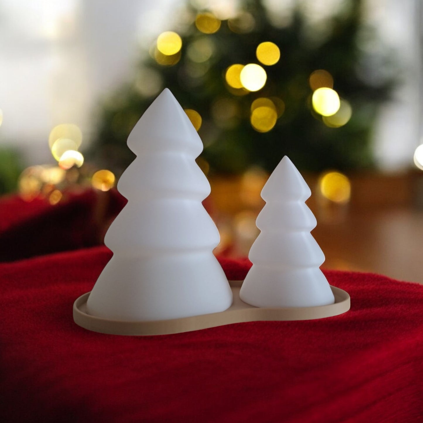 personalised christmas tree tealight candle holder set with tray, glowing led light decor in small and large sizes, festive table centerpiece for holiday home decoration