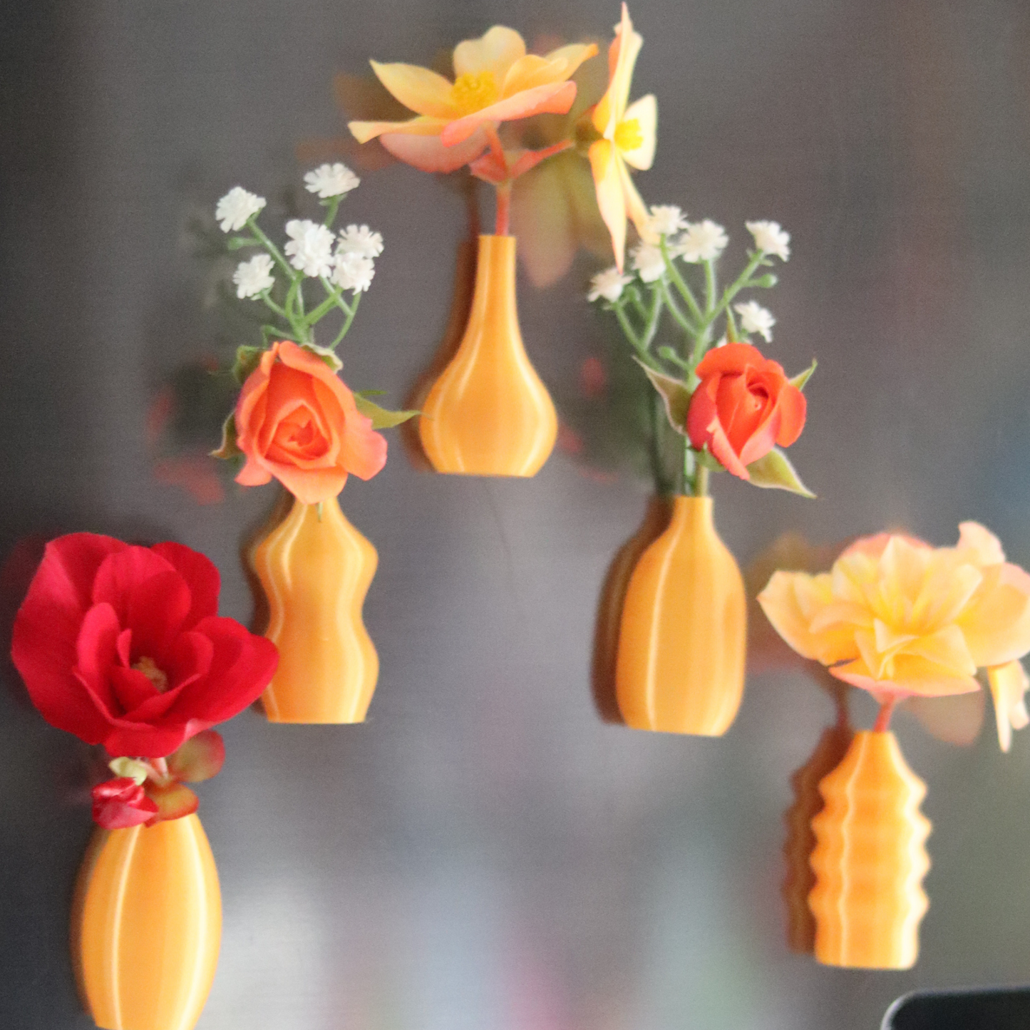 set of 5 orange mini magnetic vases with flowers on a fridge – halloween décor