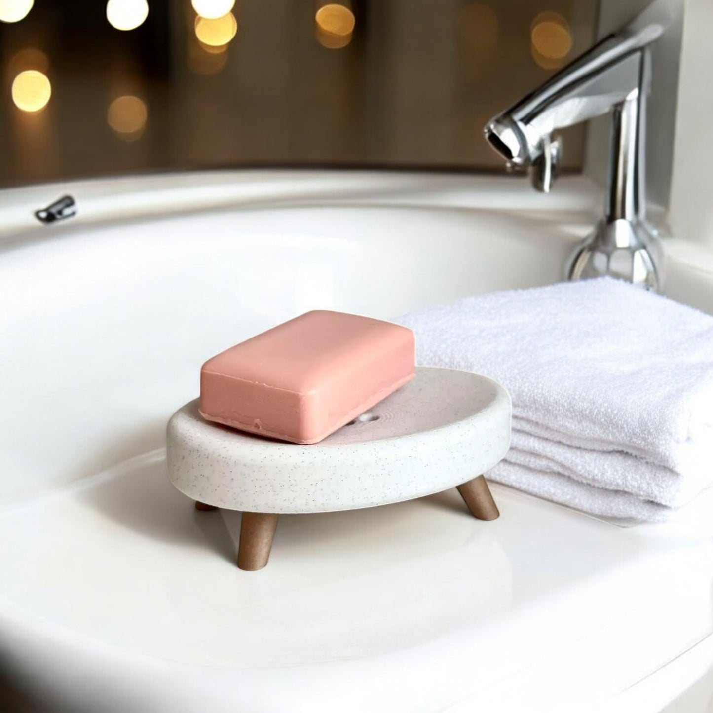 soap holder with feet and drainage holes, made from durable eco-friendly material, featuring an elevated design to keep soap dry and fresh, perfect for bathrooms, kitchens, or laundry rooms.