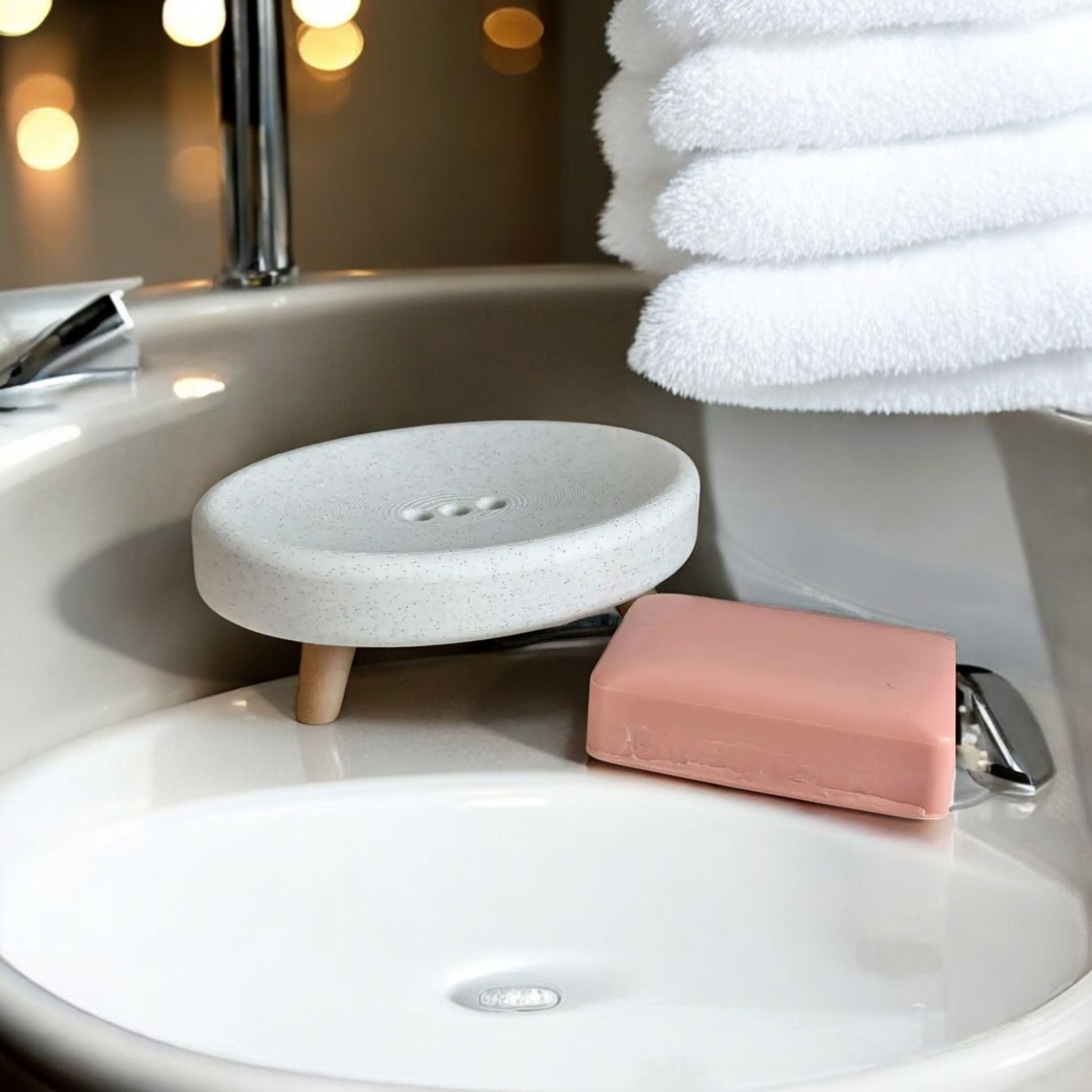 Soap holder with feet and drainage holes, made from durable eco-friendly material, featuring an elevated design to keep soap dry and fresh, perfect for bathrooms, kitchens, or laundry rooms.