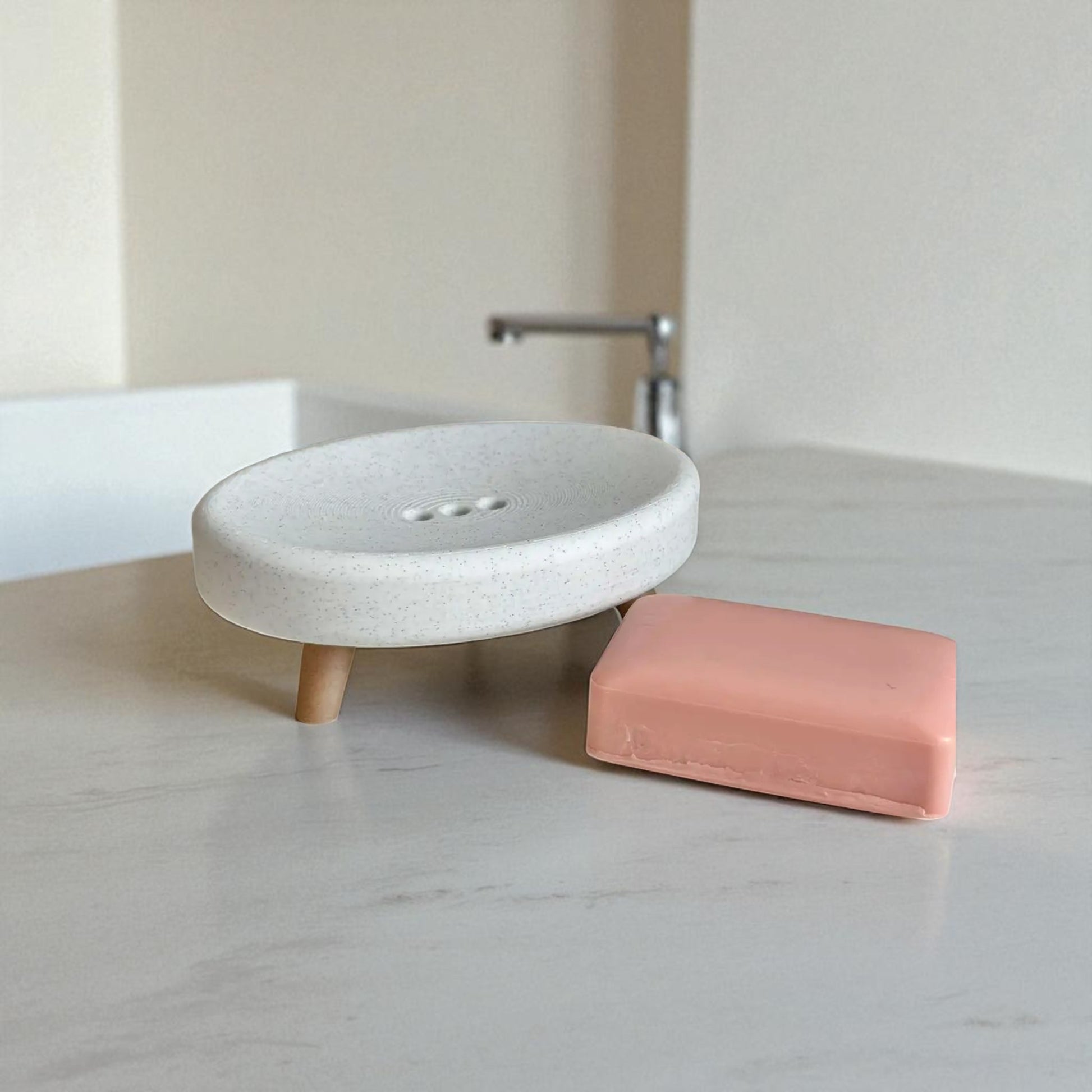 Soap holder with feet and drainage holes, made from durable eco-friendly material, featuring an elevated design to keep soap dry and fresh, perfect for bathrooms, kitchens, or laundry rooms.