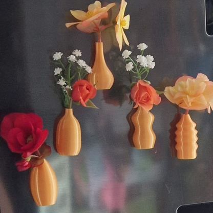 Set of 5 orange mini magnetic vases with flowers on a fridge – Halloween décor