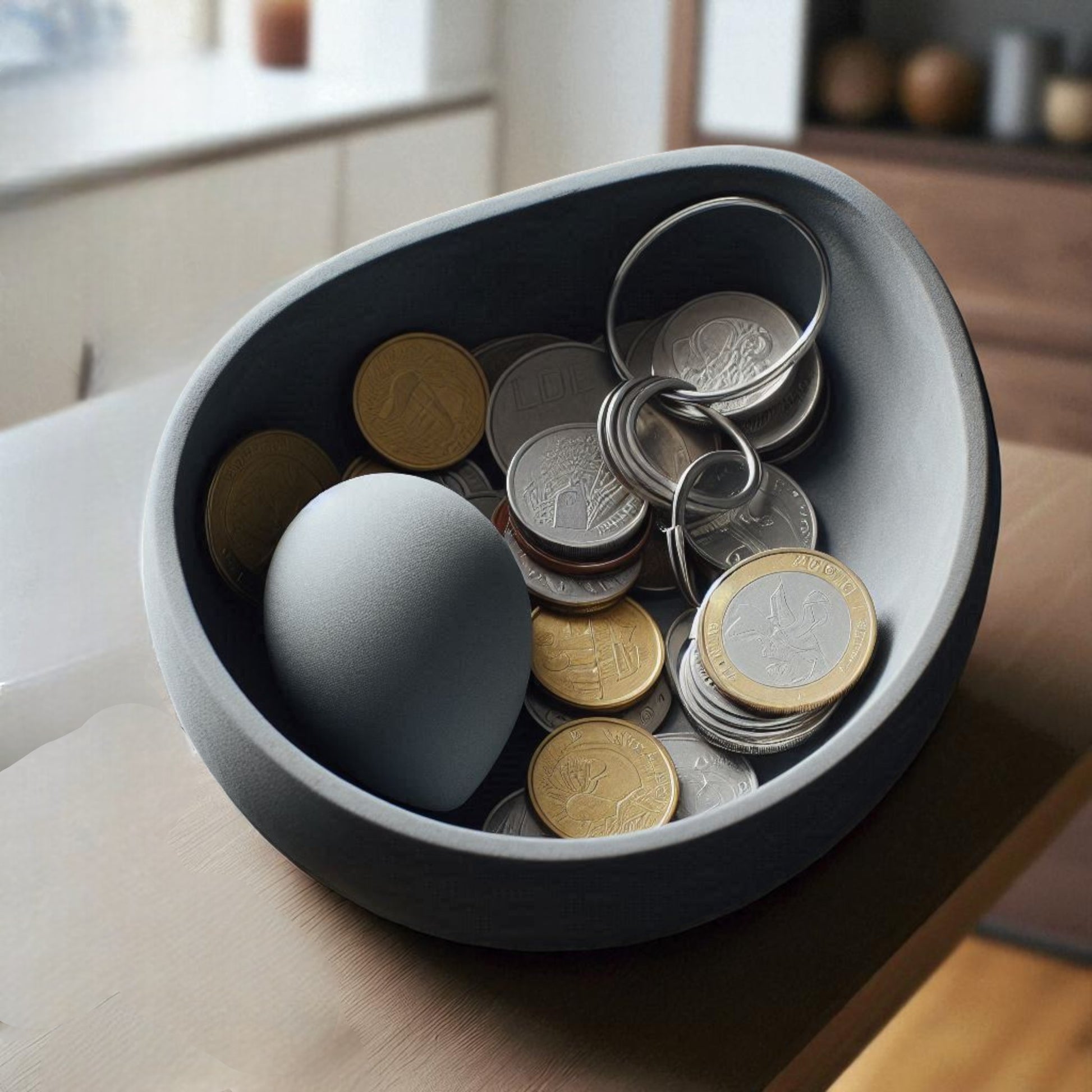 A uniquely designed bowl resembling a slightly crooked egg, perfect for use as a key holder, snack bowl, or fruit bowl, adding a touch of modern charm to any space.