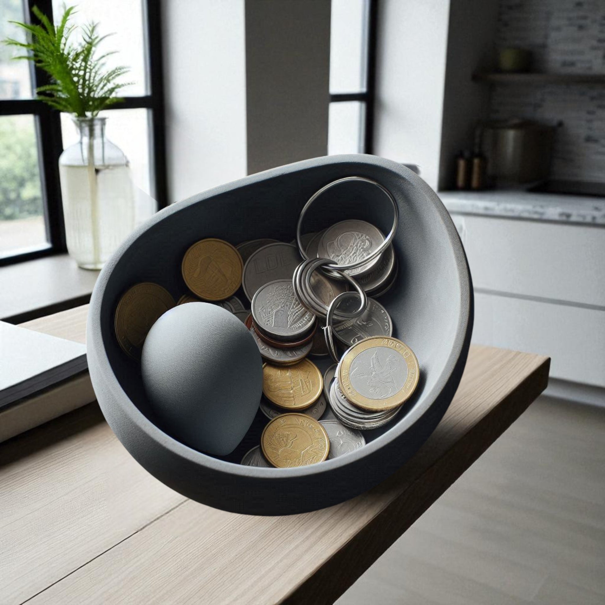 A uniquely designed bowl resembling a slightly crooked egg, perfect for use as a key holder, snack bowl, or fruit bowl, adding a touch of modern charm to any space.