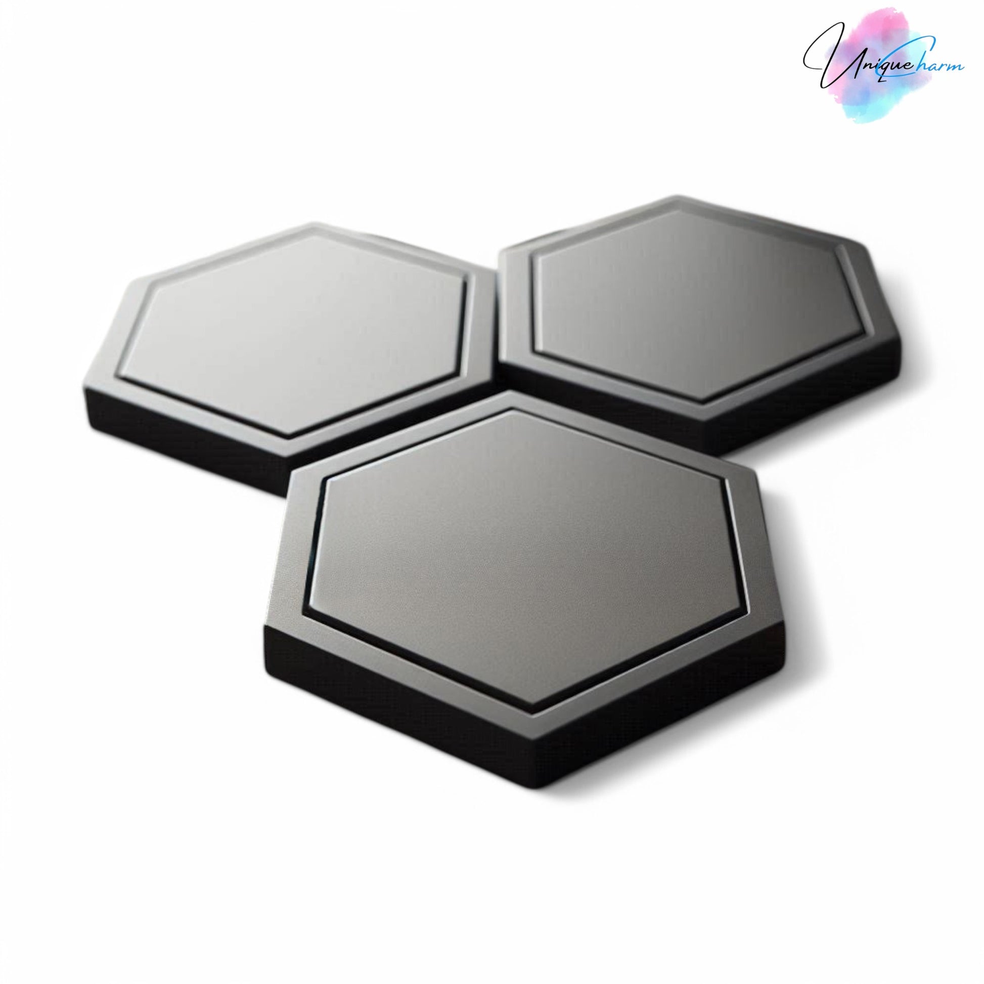 Modern hexagonal coaster in a minimalist design, measuring 115mm x 14mm, perfect for protecting surfaces from hot drinks. Available as a single piece, set of 4, or set of 6. Durable and stylish home decor accessory