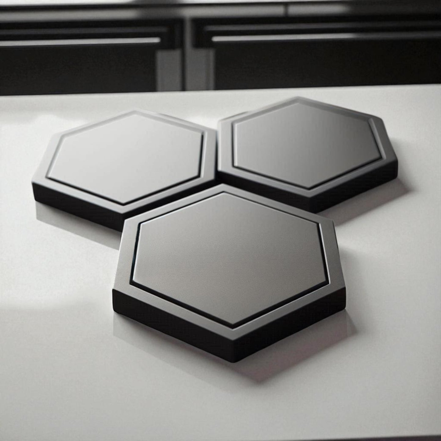 modern hexagonal coaster in a minimalist design, measuring 115mm x 14mm, perfect for protecting surfaces from hot drinks. available as a single piece, set of 4, or set of 6. durable and stylish home decor accessory