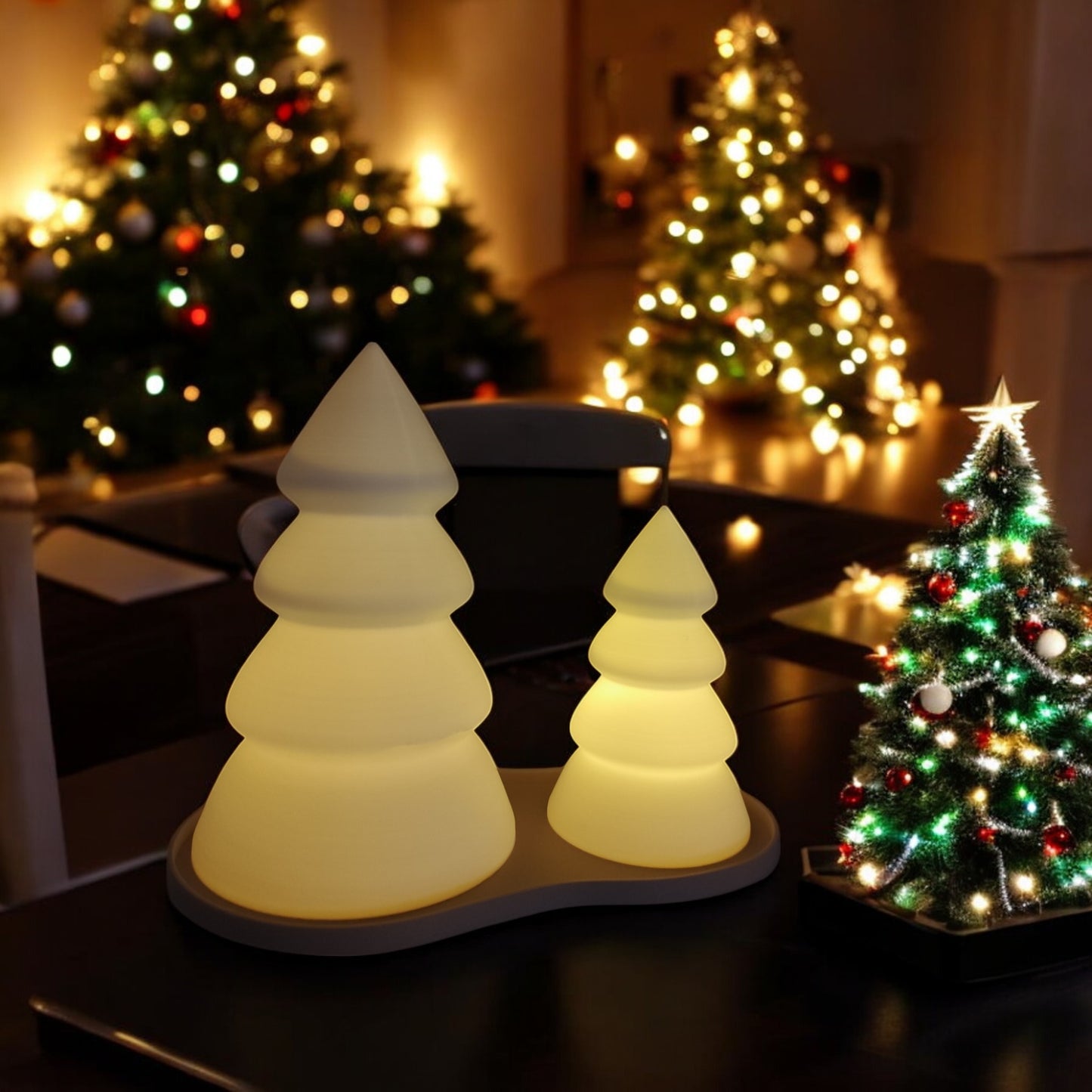 mini and large christmas trees in festive holiday design, perfect for tabletops, mantels, or desks. available individually or as a set, these decorative trees add charm to any holiday décor.