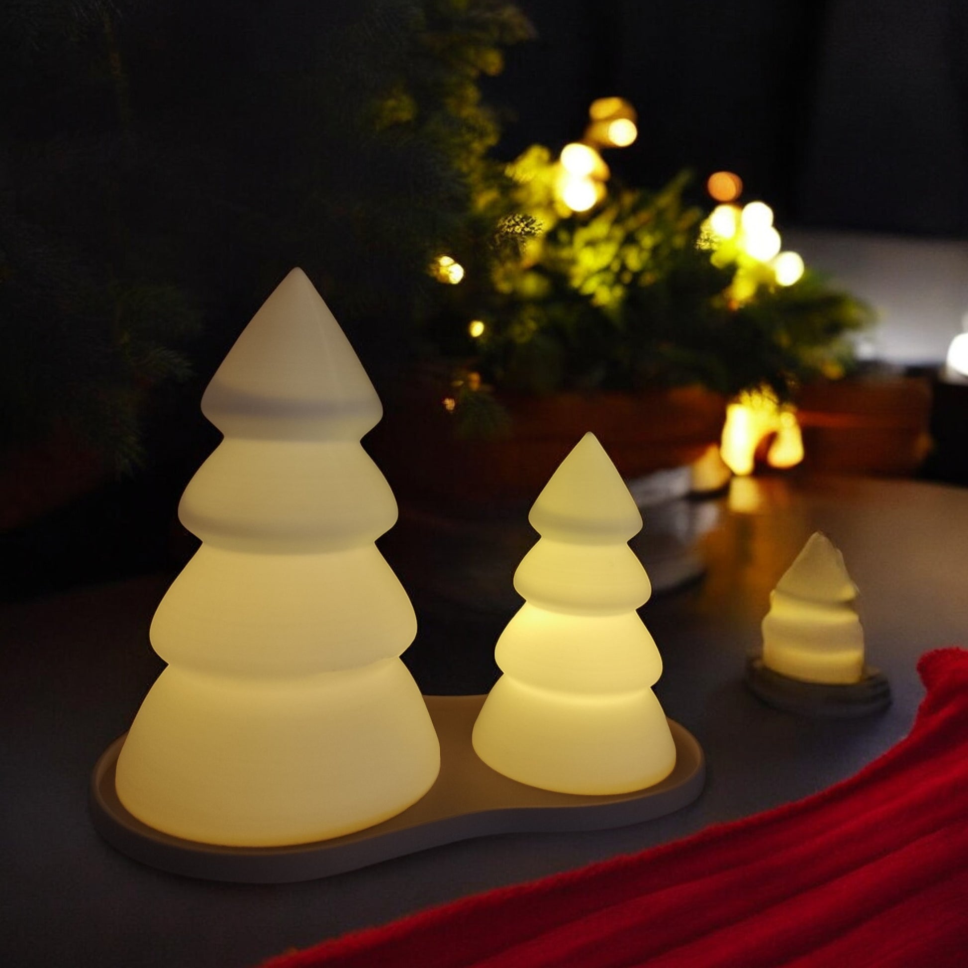 Personalised Christmas tree tealight candle holder set with tray, glowing LED light decor in small and large sizes, festive table centerpiece for holiday home decoration