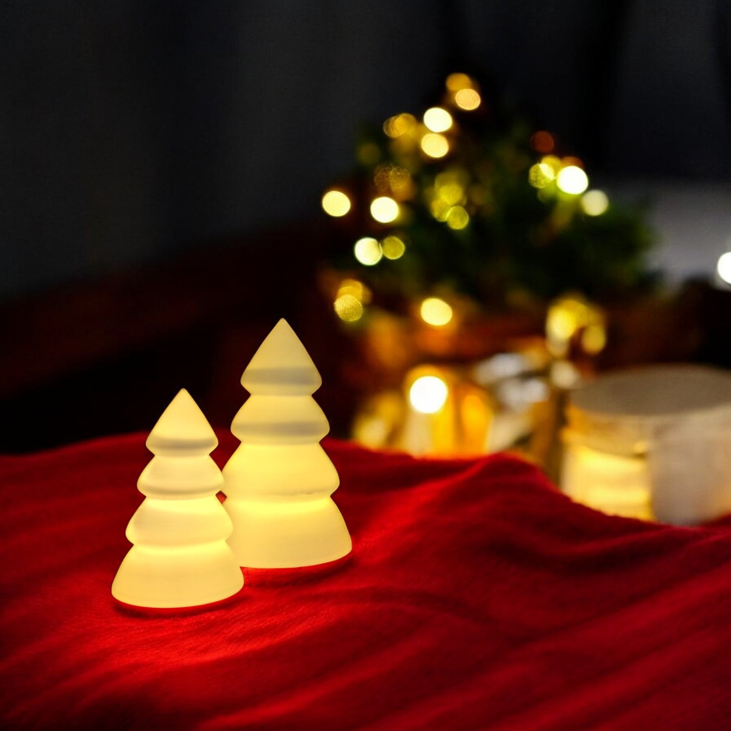 personalised christmas tree tealight candle holder set with tray, glowing led light decor in small and large sizes, festive table centerpiece for holiday home decoration