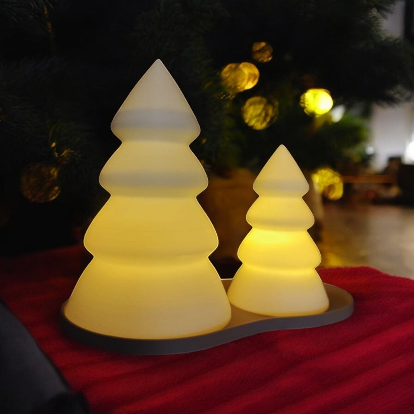 personalised christmas tree tealight candle holder set with tray, glowing led light decor in small and large sizes, festive table centerpiece for holiday home decoration