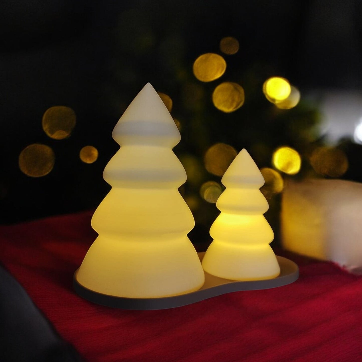 personalised christmas tree tealight candle holder set with tray, glowing led light decor in small and large sizes, festive table centerpiece for holiday home decoration