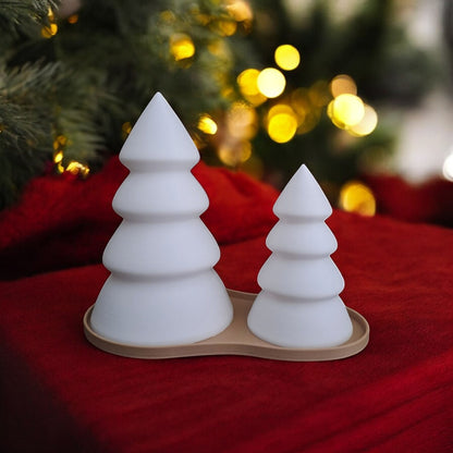 Personalised Christmas tree tealight candle holder set with tray, glowing LED light decor in small and large sizes, festive table centerpiece for holiday home decoration