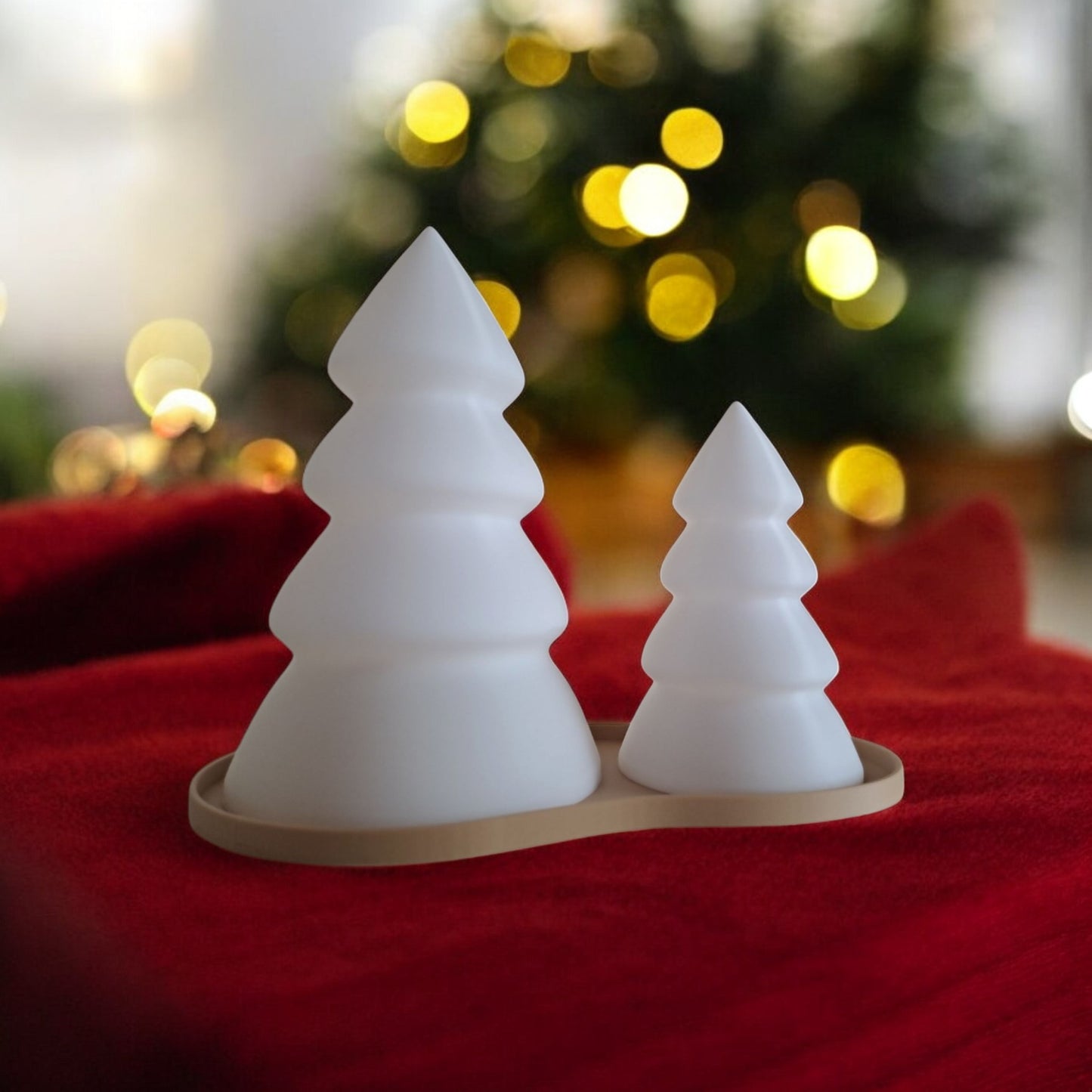 personalised christmas tree tealight candle holder set with tray, glowing led light decor in small and large sizes, festive table centerpiece for holiday home decoration