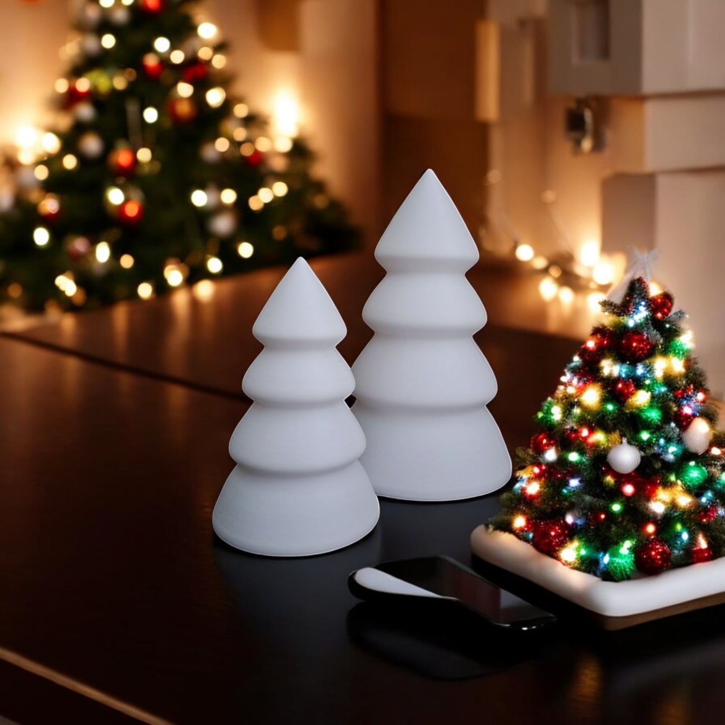 mini and large christmas trees in festive holiday design, perfect for tabletops, mantels, or desks. available individually or as a set, these decorative trees add charm to any holiday décor.