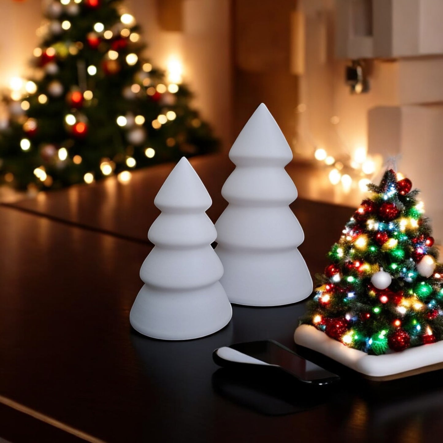 mini and large christmas trees in festive holiday design, perfect for tabletops, mantels, or desks. available individually or as a set, these decorative trees add charm to any holiday décor.