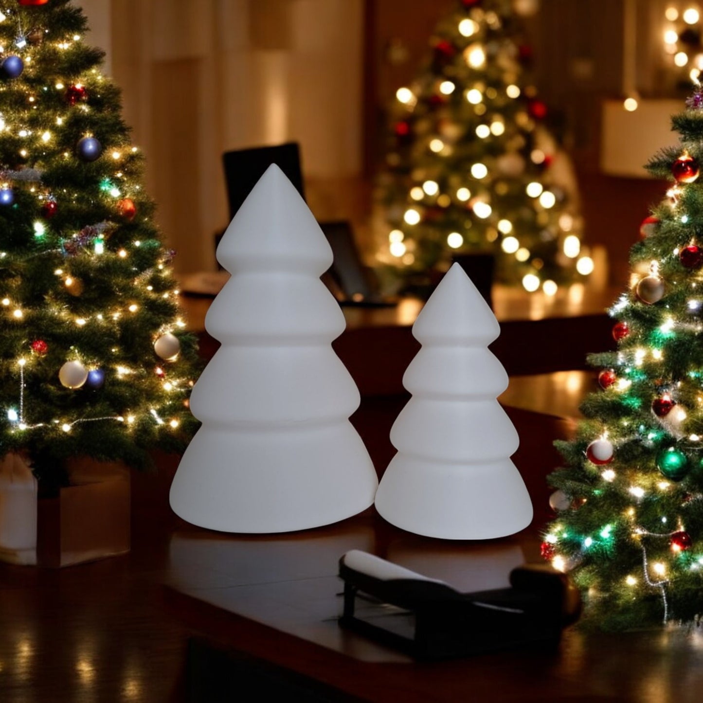 mini and large christmas trees in festive holiday design, perfect for tabletops, mantels, or desks. available individually or as a set, these decorative trees add charm to any holiday décor.