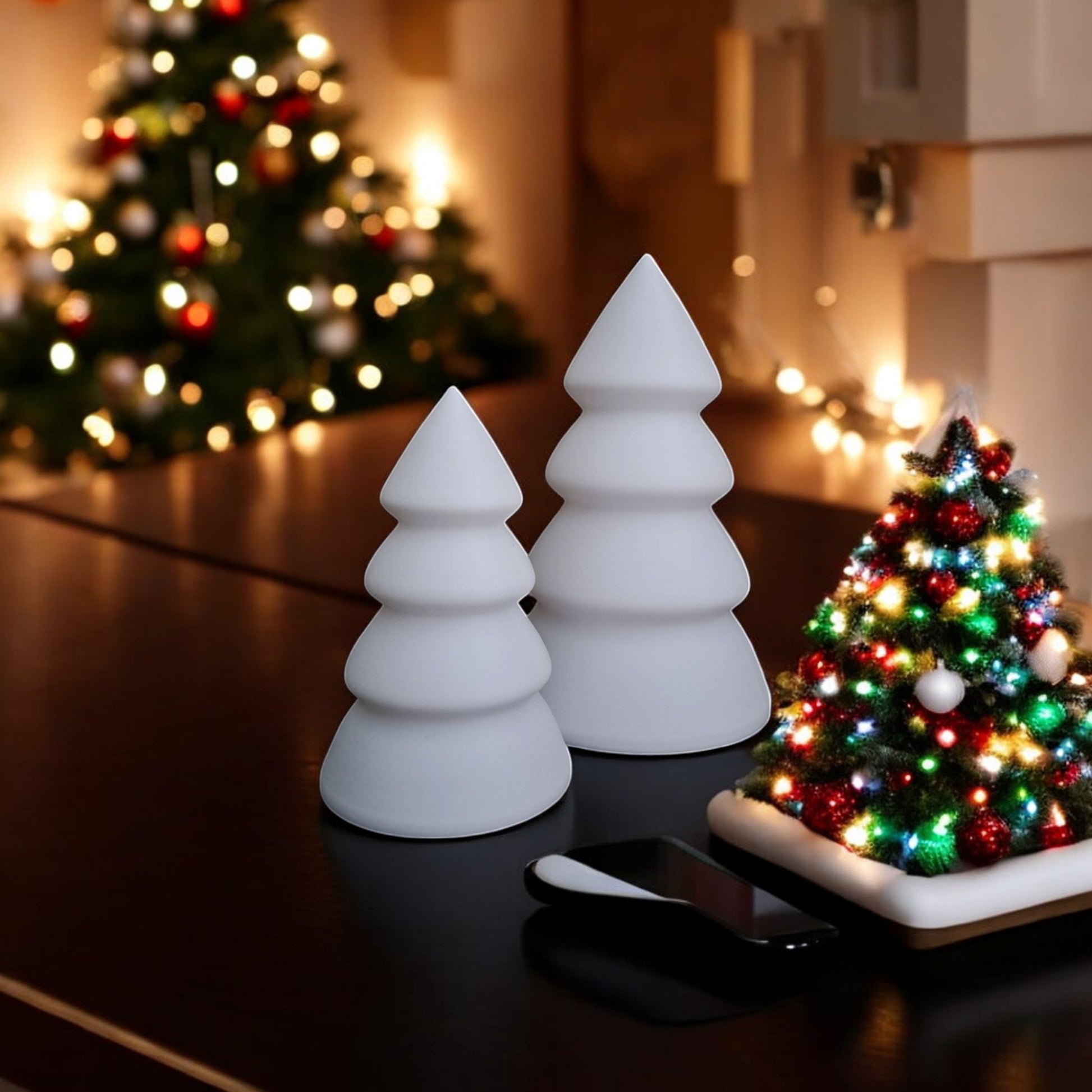 Mini and Large Christmas Trees in festive holiday design, perfect for tabletops, mantels, or desks. Available individually or as a set, these decorative trees add charm to any holiday décor.