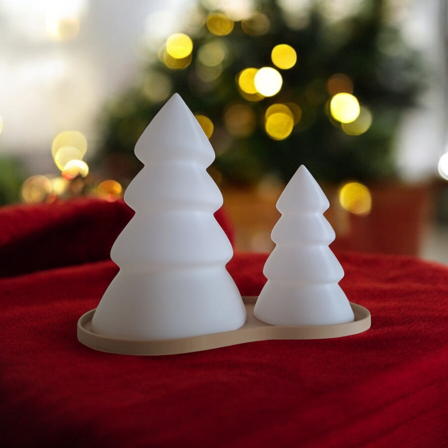 personalised christmas tree tealight candle holder set with tray, glowing led light decor in small and large sizes, festive table centerpiece for holiday home decoration