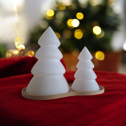 Personalised Christmas tree tealight candle holder set with tray, glowing LED light decor in small and large sizes, festive table centerpiece for holiday home decoration