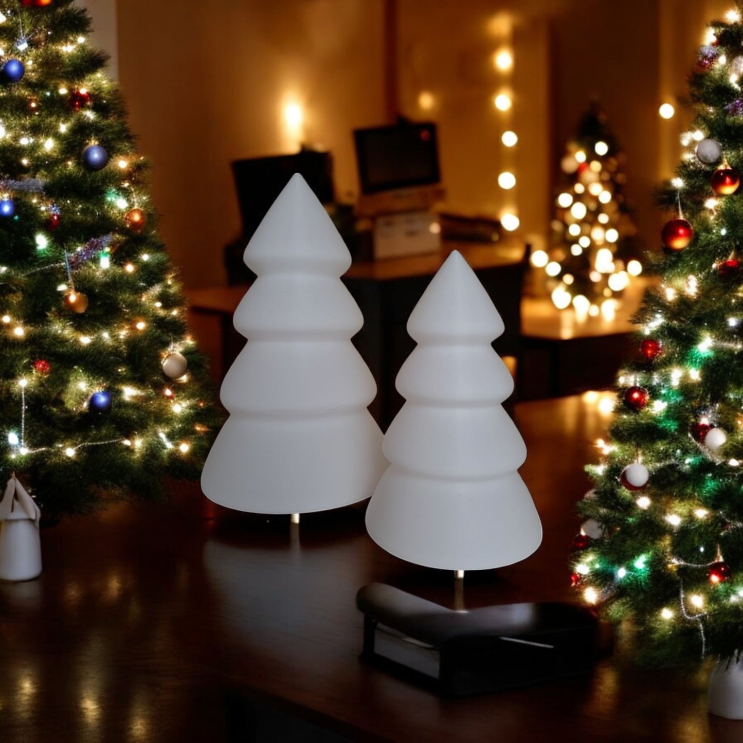 mini and large christmas trees in festive holiday design, perfect for tabletops, mantels, or desks. available individually or as a set, these decorative trees add charm to any holiday décor.