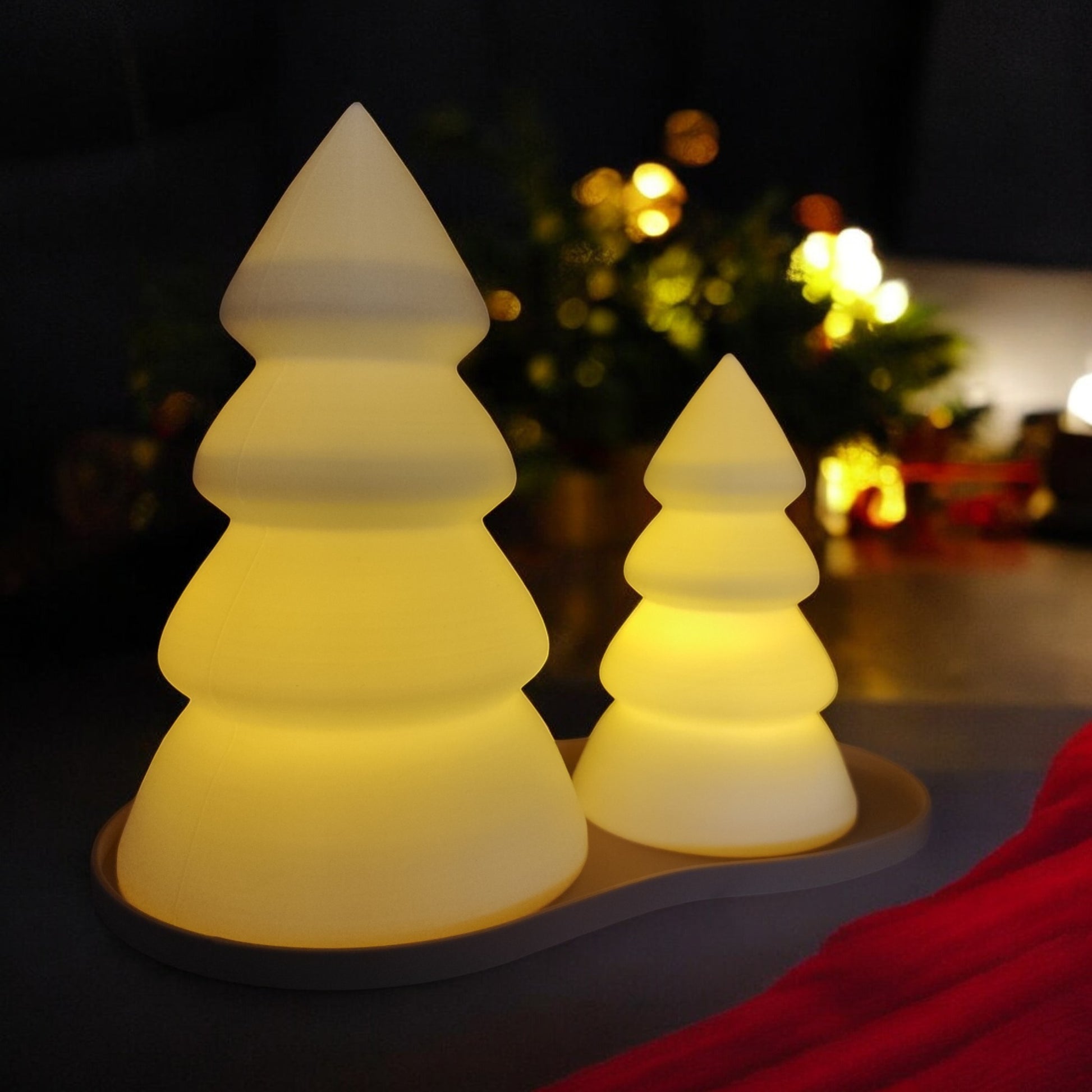 Personalised Christmas tree tealight candle holder set with tray, glowing LED light decor in small and large sizes, festive table centerpiece for holiday home decoration