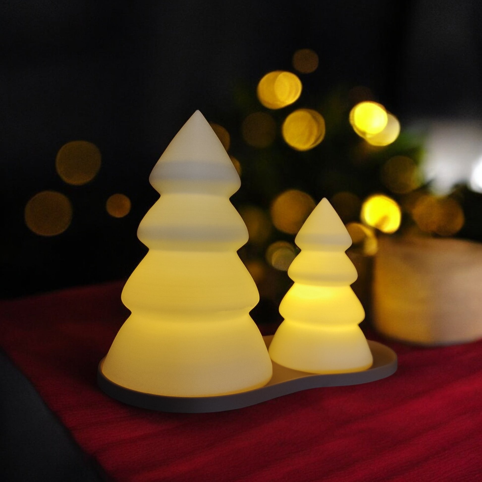 Personalised Christmas tree tealight candle holder set with tray, glowing LED light decor in small and large sizes, festive table centerpiece for holiday home decoration