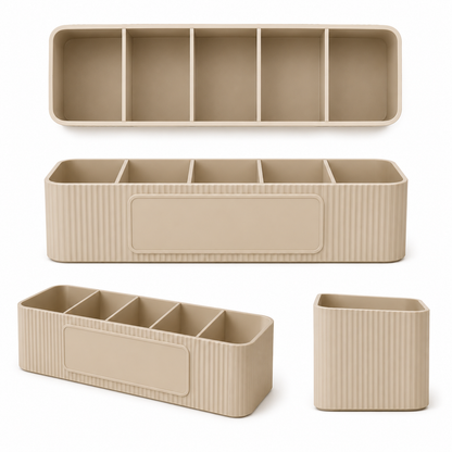 Personalised five compartment coffee station organiser with ribbed finish and custom UV printed front message, designed for storing coffee sachets, tea bags, sugar packets, creamer, spoons and stirrers on a kitchen countertop. Available in white, caramel, grey, pink, dark Blue Water and Lavender Purple.