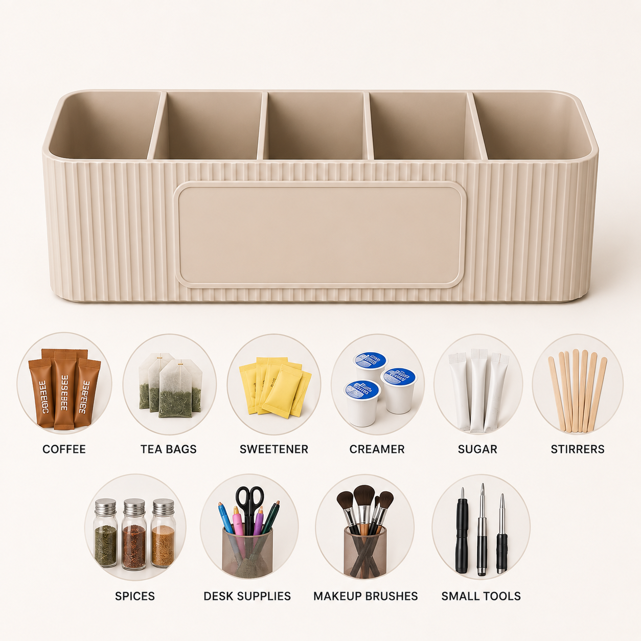personalised five compartment coffee station organiser with ribbed finish and custom uv printed front message, designed for storing coffee sachets, tea bags, sugar packets, creamer, spoons and stirrers on a kitchen countertop. available in white, caramel, grey, pink, dark blue water and lavender purple.