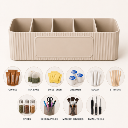 Personalised five compartment coffee station organiser with ribbed finish and custom UV printed front message, designed for storing coffee sachets, tea bags, sugar packets, creamer, spoons and stirrers on a kitchen countertop. Available in white, caramel, grey, pink, dark Blue Water and Lavender Purple.