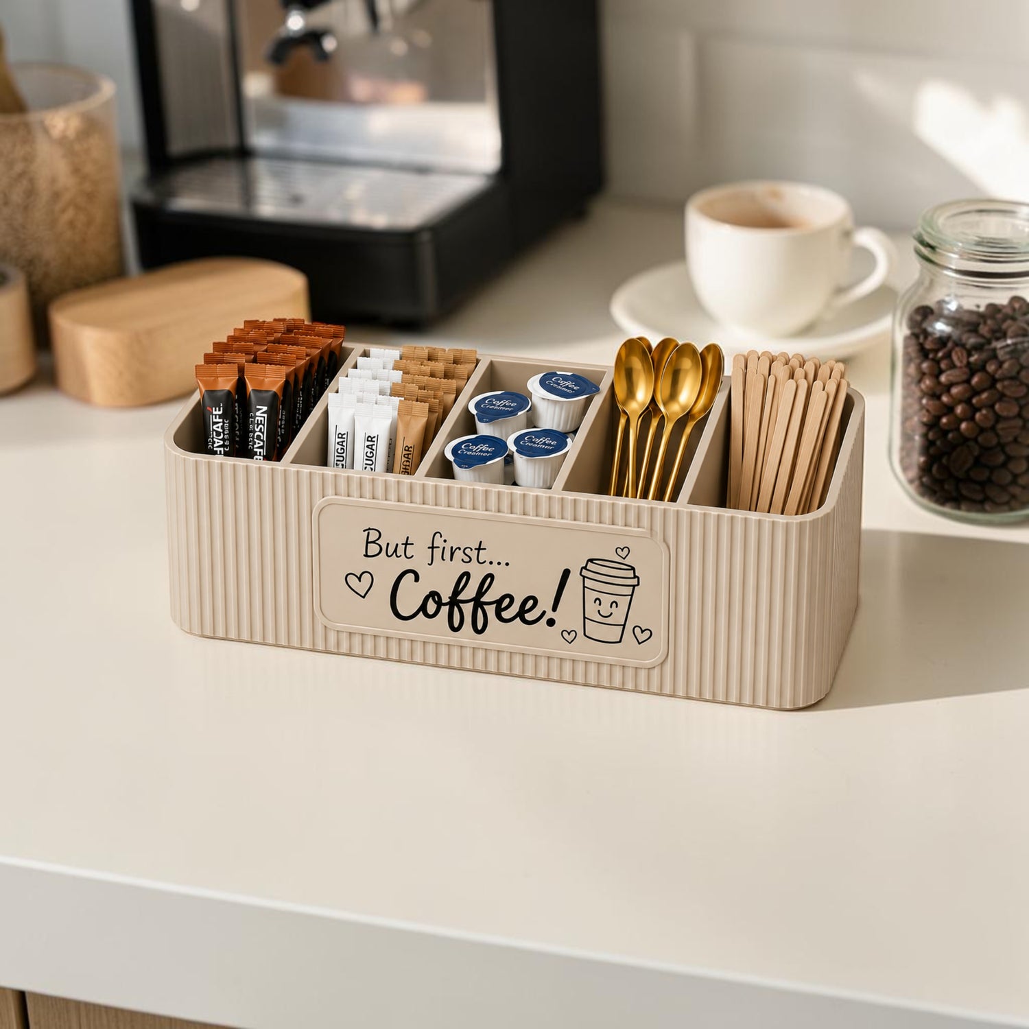 Personalised five compartment coffee station organiser with ribbed finish and custom UV printed front message, designed for storing coffee sachets, tea bags, sugar packets, creamer, spoons and stirrers on a kitchen countertop. Available in white, caramel, grey, pink, dark Blue Water and Lavender Purple.