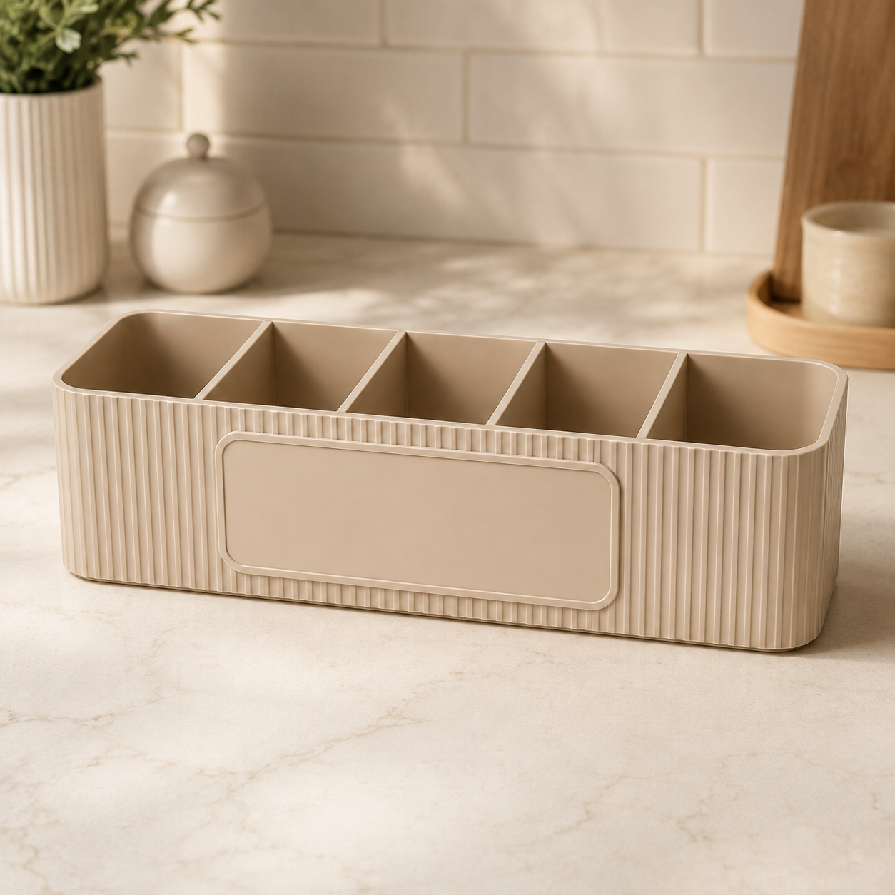 personalised five compartment coffee station organiser with ribbed finish and custom uv printed front message, designed for storing coffee sachets, tea bags, sugar packets, creamer, spoons and stirrers on a kitchen countertop. available in white, caramel, grey, pink, dark blue water and lavender purple.