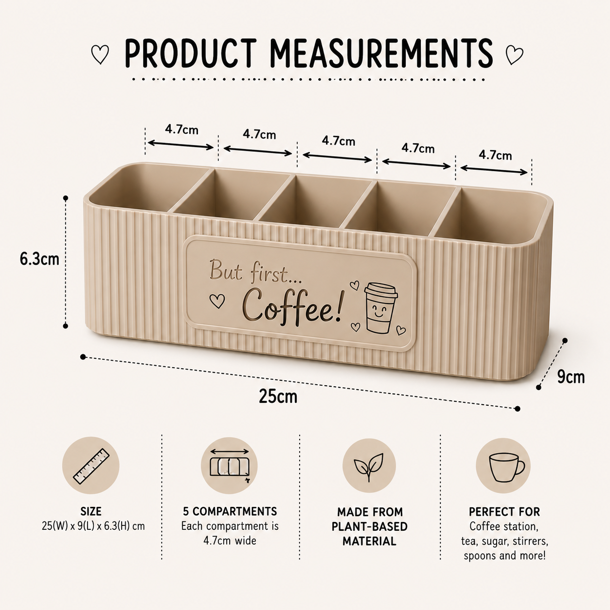 personalised five compartment coffee station organiser with ribbed finish and custom uv printed front message, designed for storing coffee sachets, tea bags, sugar packets, creamer, spoons and stirrers on a kitchen countertop. available in white, caramel, grey, pink, dark blue water and lavender purple.