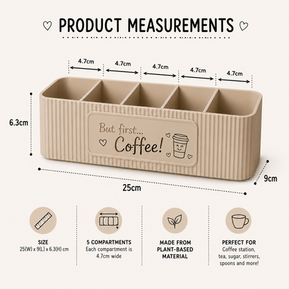 Personalised five compartment coffee station organiser with ribbed finish and custom UV printed front message, designed for storing coffee sachets, tea bags, sugar packets, creamer, spoons and stirrers on a kitchen countertop. Available in white, caramel, grey, pink, dark Blue Water and Lavender Purple.