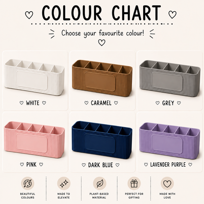 Personalised five compartment coffee station organiser with ribbed finish and custom UV printed front message, designed for storing coffee sachets, tea bags, sugar packets, creamer, spoons and stirrers on a kitchen countertop. Available in white, caramel, grey, pink, dark Blue Water and Lavender Purple.