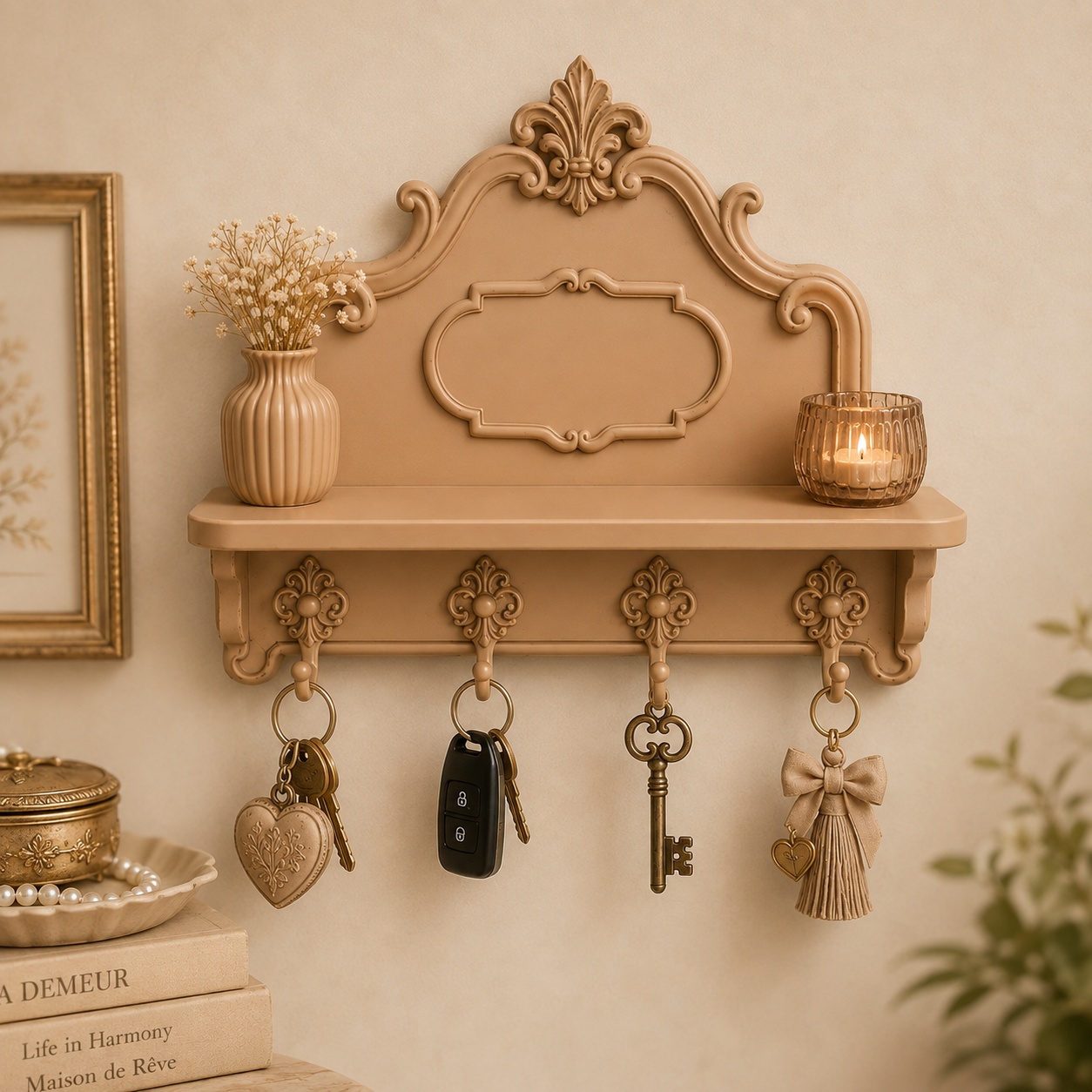 personalised caramel key holder for wall with four matching hooks, small entryway shelf and ornate vintage design, customised with family name and established date.