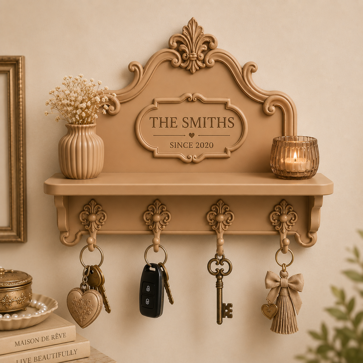 personalised caramel key holder for wall with four matching hooks, small entryway shelf and ornate vintage design, customised with family name and established date.