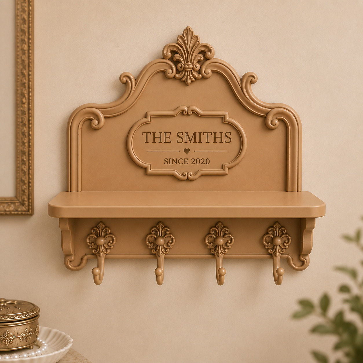 Personalised caramel key holder for wall with four matching hooks, small entryway shelf and ornate vintage design, customised with family name and established date.