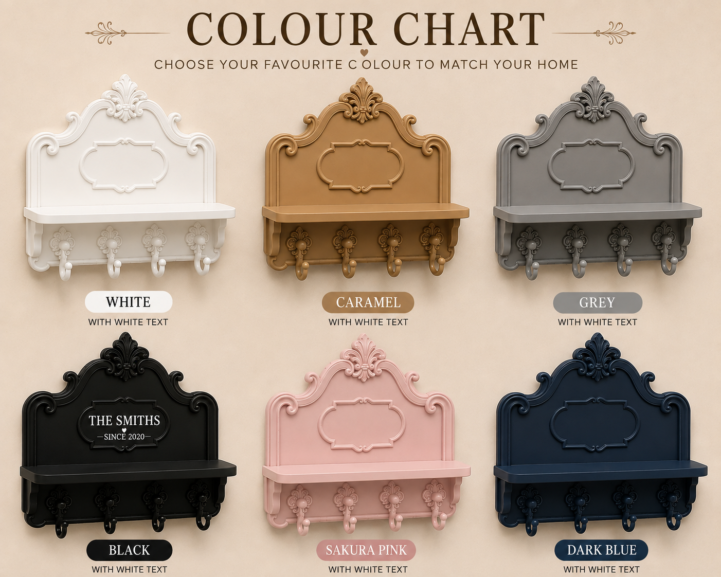 Personalised caramel key holder for wall with four matching hooks, small entryway shelf and ornate vintage design, customised with family name and established date.