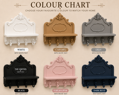 Personalised caramel key holder for wall with four matching hooks, small entryway shelf and ornate vintage design, customised with family name and established date.