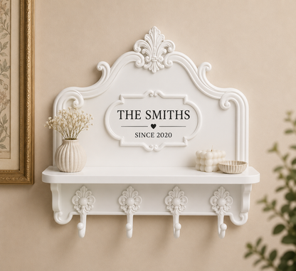 Personalised caramel key holder for wall with four matching hooks, small entryway shelf and ornate vintage design, customised with family name and established date.