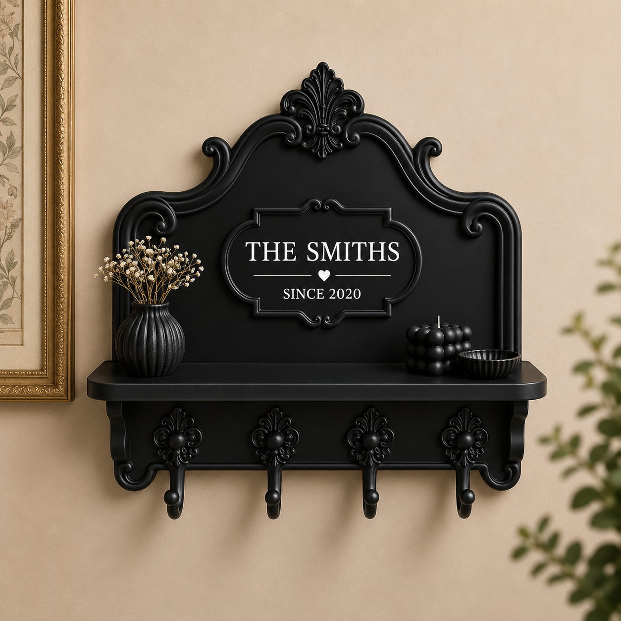 Personalised caramel key holder for wall with four matching hooks, small entryway shelf and ornate vintage design, customised with family name and established date.