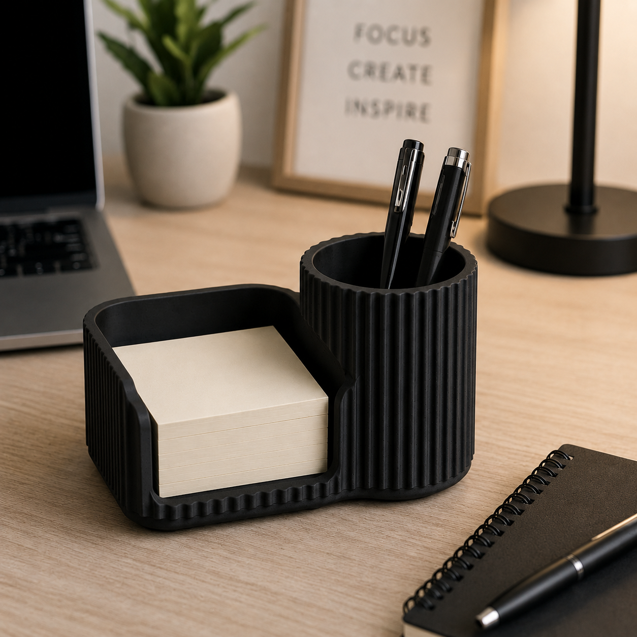 white sticky notes holder and pen organizer on a modern desk.
black desk organizer with sticky note compartment and pen holder.
grey desktop organizer holding sticky notes and pens.
brown stationery organizer for office and study desks.
caramel coloured desk accessory with pen cup and note holder.
sakura pink sticky notes holder for cute desk decor.